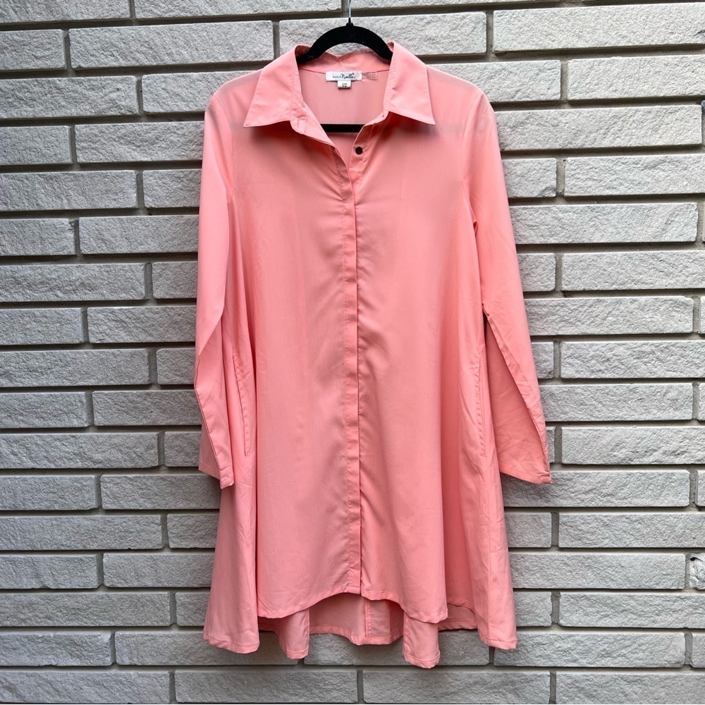 Simply Noelle Coral Shirt Dress with Button Front + Roll Sleeves Size S/M